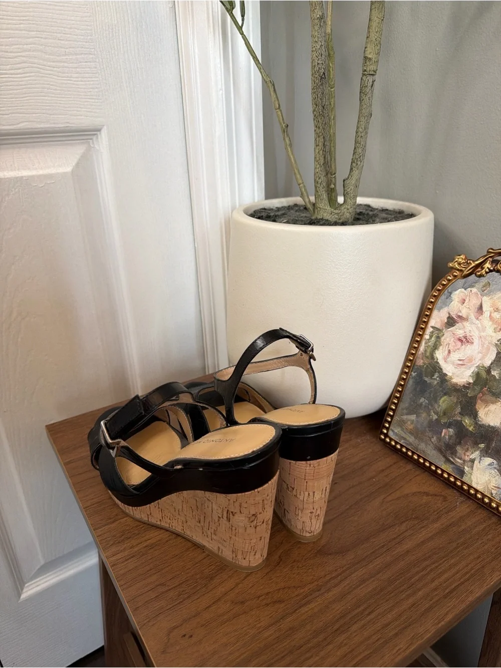 Antonio Melani Black Leather Croc Cork Wedge Sandals Size 8